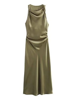 Aurohaya Sleeveless Satin Maxi Dress Green