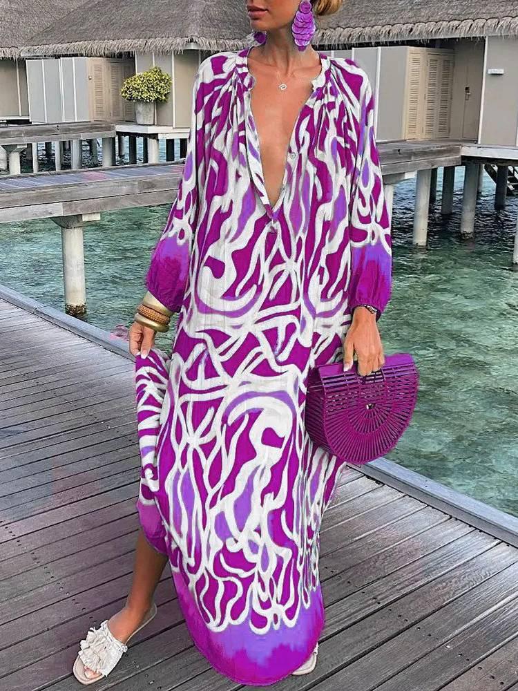 Aurohaya Printed V-neck Long-sleeved Loose Dress Purple