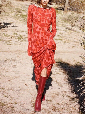 Aurohaya Unique Print Boat Neck Long Bell Sleeve Bias Cut Maxi Dress