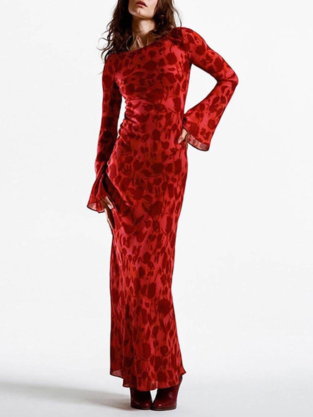 Aurohaya Unique Print Boat Neck Long Bell Sleeve Bias Cut Maxi Dress