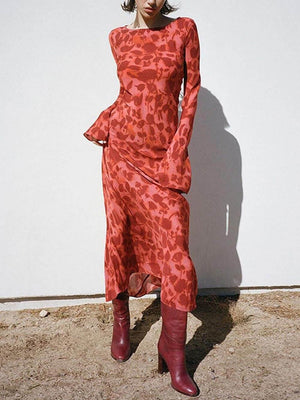 Aurohaya Unique Print Boat Neck Long Bell Sleeve Bias Cut Maxi Dress