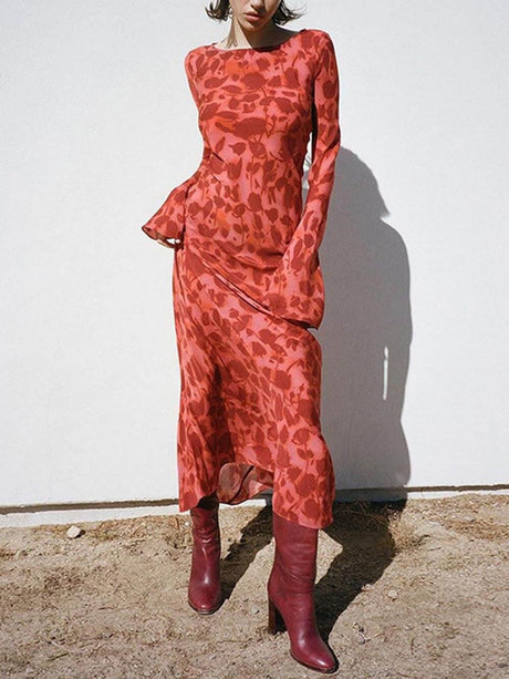 Aurohaya Unique Print Boat Neck Long Bell Sleeve Bias Cut Maxi Dress