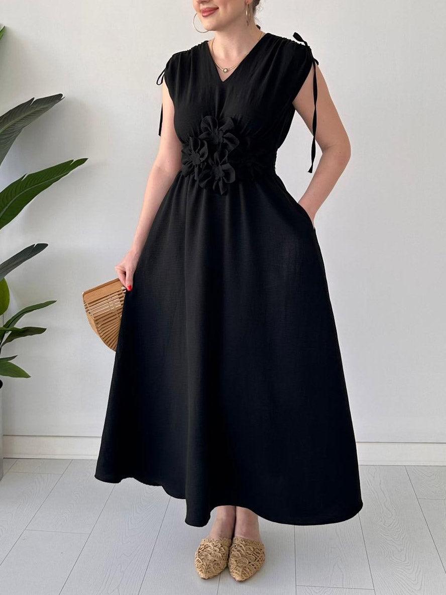 Aurohaya Exquisite V-neck Drawstring Floral Midi Dress Black