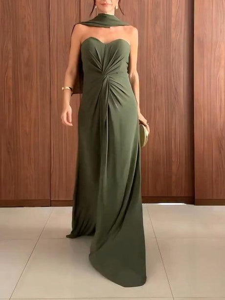 Aurohaya Elegant Twist Pleated Wrap Neck Party Maxi Dress