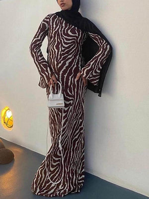 Aurohaya Unique Print Boat Neck Long Bell Sleeve Bias Cut Maxi Dress