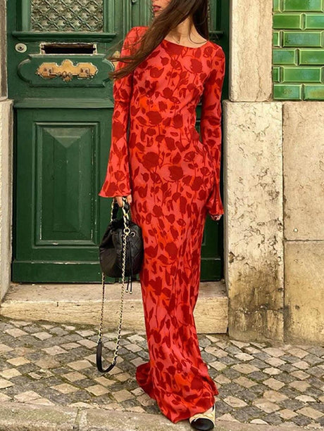 Aurohaya Unique Print Boat Neck Long Bell Sleeve Bias Cut Maxi Dress