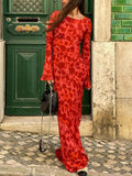 Unique Print Boat Neck Long Bell Sleeve Bias Cut Maxi Dress