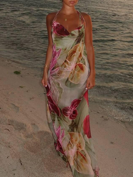 Aurohaya Halter Neck Backless High Slit Printed Dress