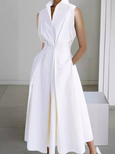 Aurohaya Vertical Collar V-neck A- Shaped Dress White