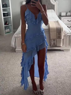 Aurohaya Irregular Ruffle Suspender Dress Blue