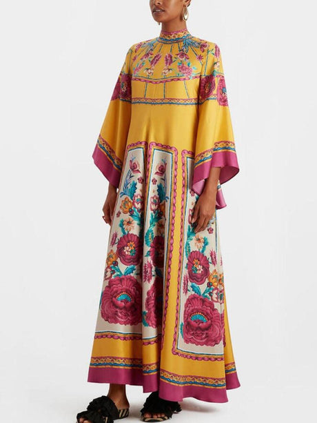 Aurohaya Vintage Exquisite Pattern Print Loose Maxi Dress