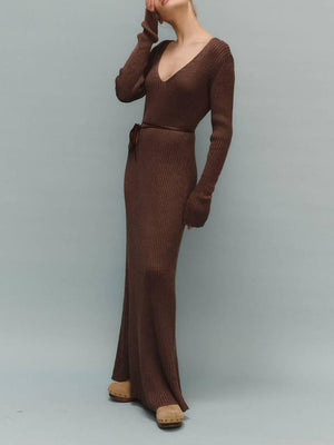 Aurohaya Minimalist Long Sleeve Knitted Maxi Dress