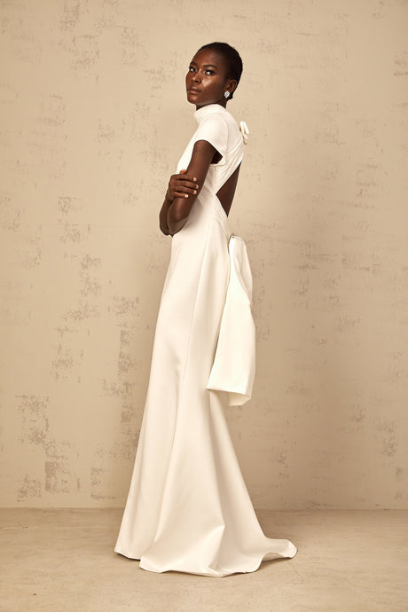 Aurohaya Camille White Statement Bow Mermaid Maxi Dress