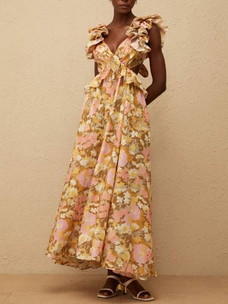 Aurohaya Floral Print Cross Backless Maxi Dress