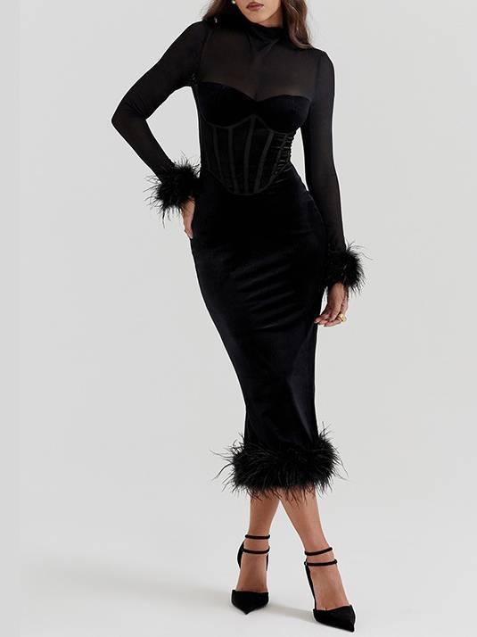 Aurohaya Mesh Patchwork Velvet Corset Dress