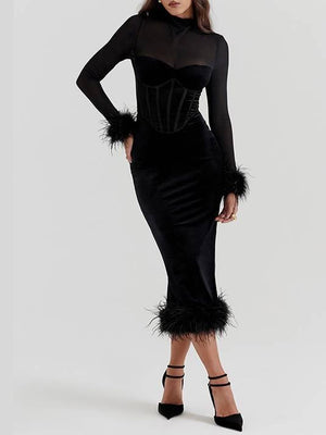 Aurohaya Mesh Patchwork Velvet Corset Dress