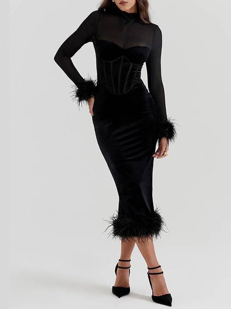 Aurohaya Mesh Patchwork Velvet Corset Dress
