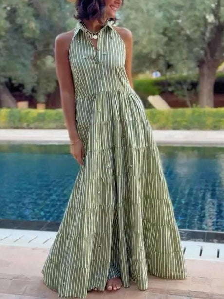 Aurohaya Shirt Collar Backless Striped Dress