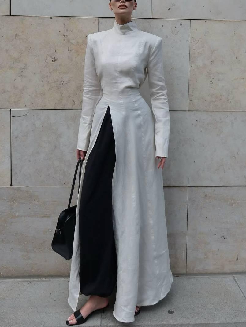 Aurohaya Long Sleeve Slit Shirt Dress And Wide Leg Pants Suit-Shirt Dress