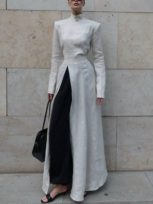 Aurohaya Long Sleeve Slit Shirt Dress And Wide Leg Pants Suit-Shirt Dress