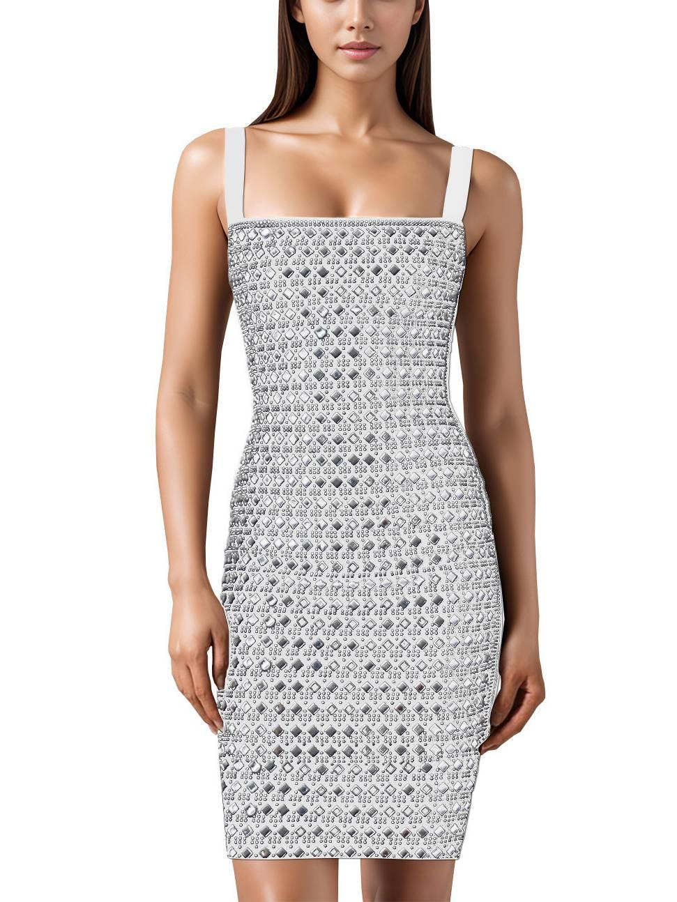 Aurohaya Rhinestone Slim Sling Mini Dress White