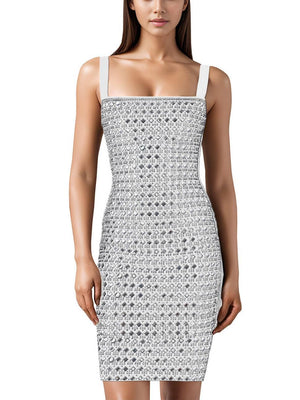 Aurohaya Rhinestone Slim Sling Mini Dress White