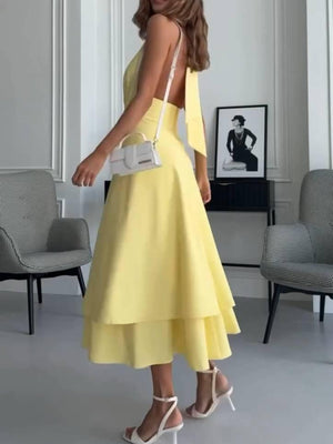 Aurohaya Deep V Halter Neck Double-layer Midi Dress