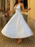 Deep V-neck High Waist A- Line Double-layer Midi Dress