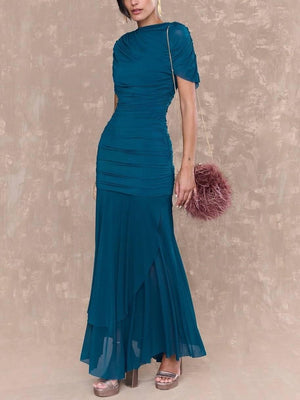 Aurohaya Pleated Design Irregular Hem Maxi Dress Blue