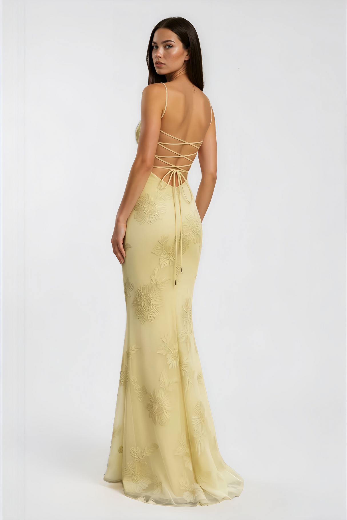 Aurohaya Théoline Yellow Floral Appliqué Corset Maxi Dress