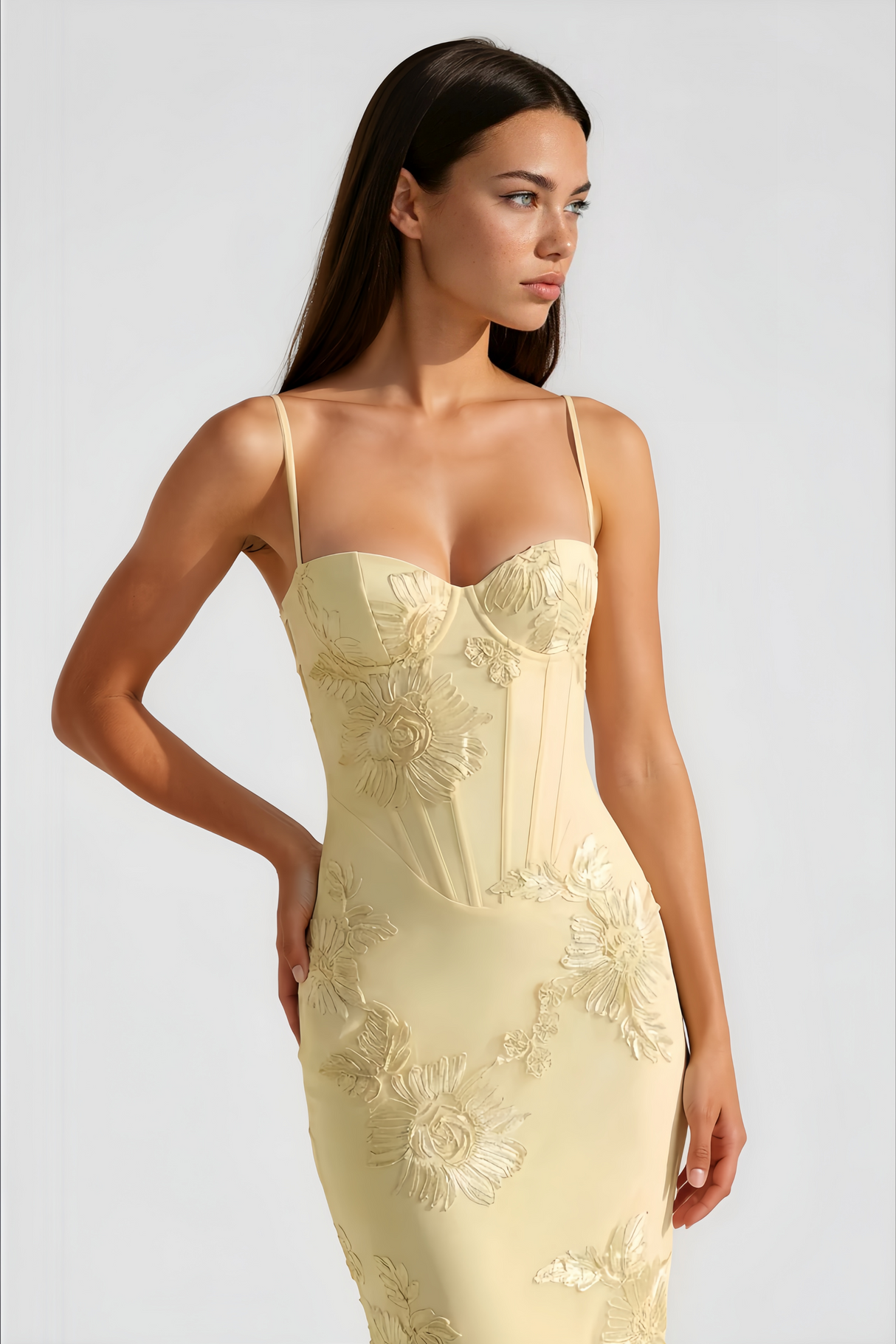 Aurohaya Théoline Yellow Floral Appliqué Corset Maxi Dress