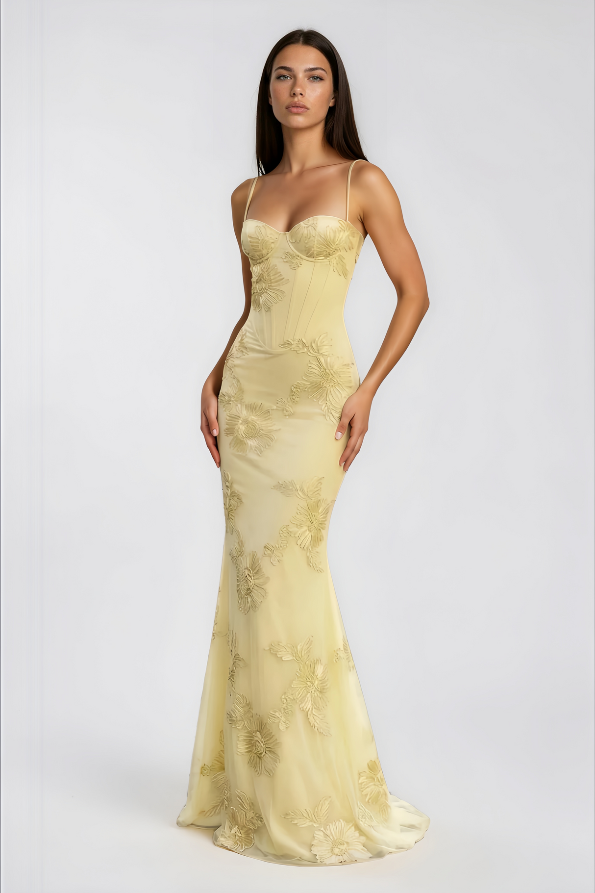 Aurohaya Théoline Yellow Floral Appliqué Corset Maxi Dress