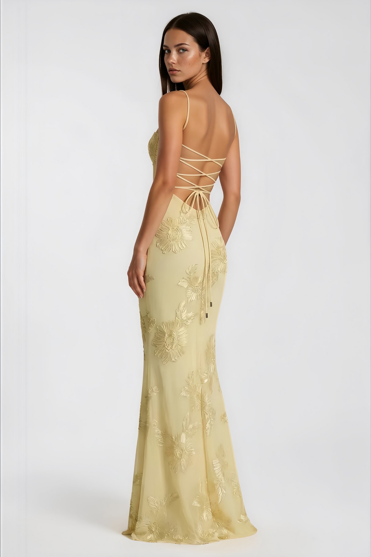 Aurohaya Théoline Yellow Floral Appliqué Corset Maxi Dress