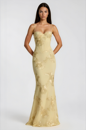 Aurohaya Théoline Yellow Floral Appliqué Corset Maxi Dress