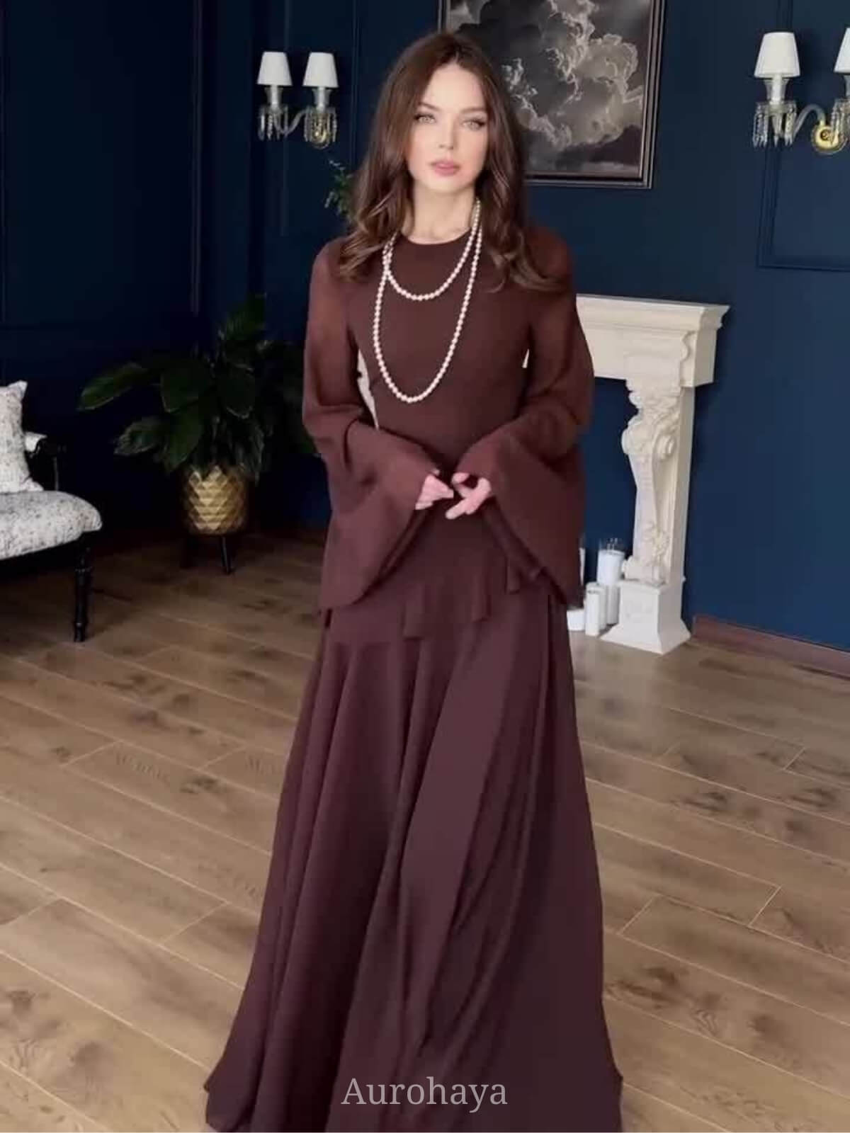 Ruffle Trim Lace-Up Round Neck Long-Sleeve Maxi Dress