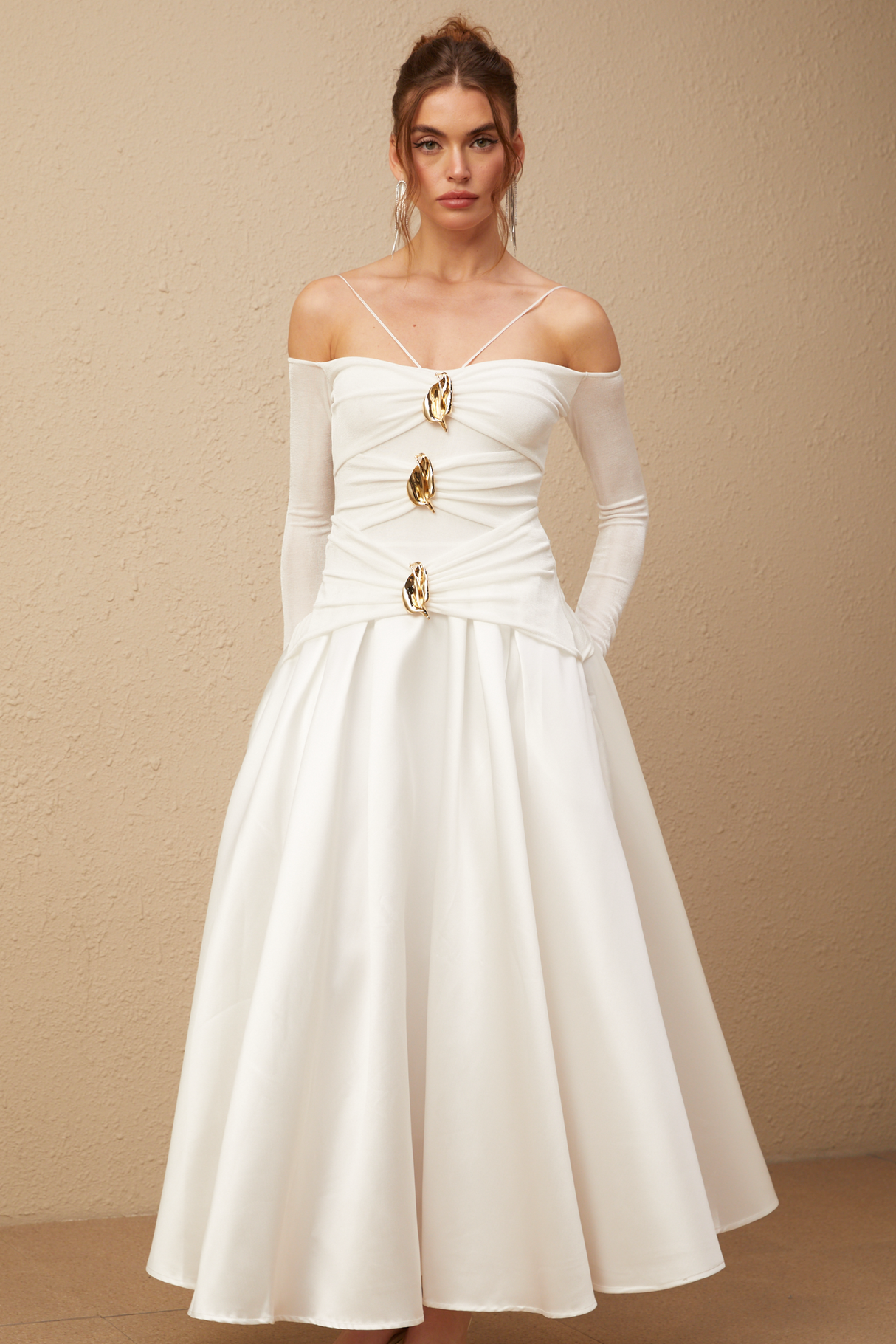 Aurohaya Nadine off-shoulder panelled maxi dress in White