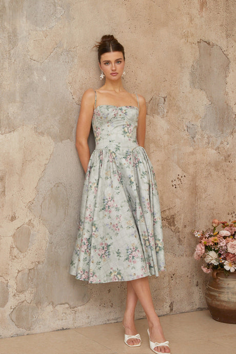 Aurohaya Prunelle sage-green floral-print shirred midi dress