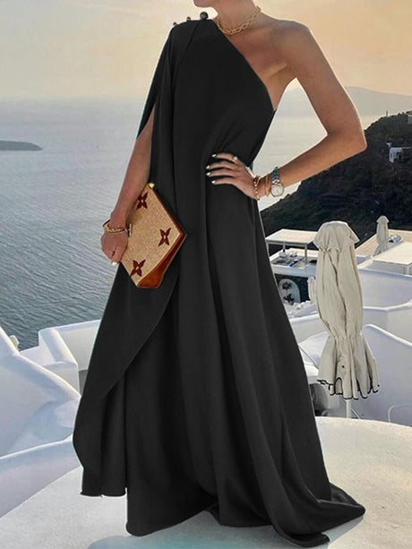 Aurohaya Fashionable Solid Color Loose One Shoulder Maxi Dress Black