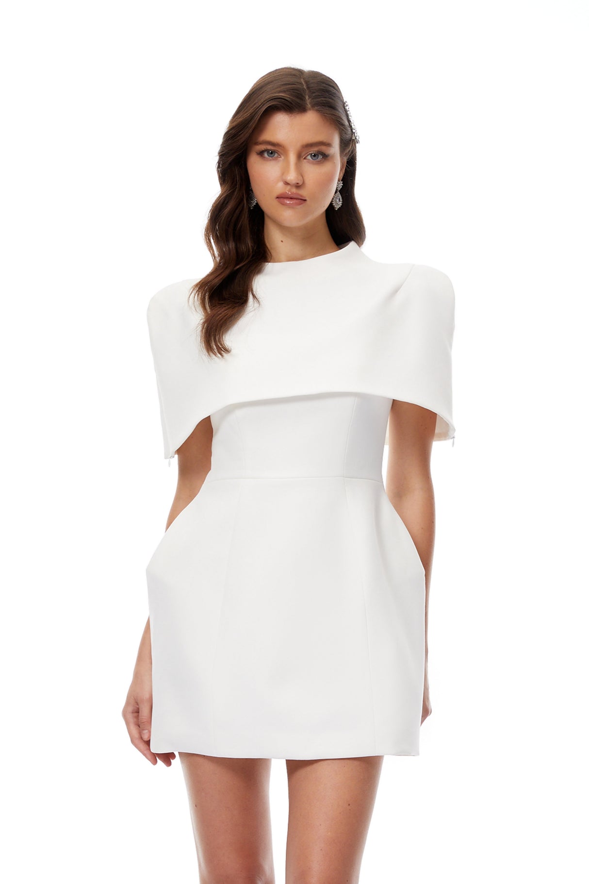 Aurohaya Kristveig White Cape Design Structured Mini Dress