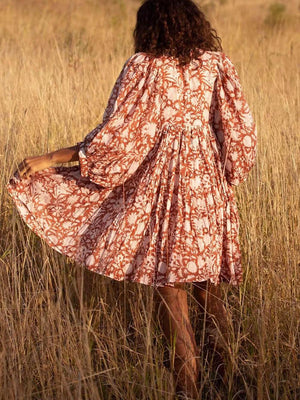 Aurohaya Vacation Retro Style Loose Printed Dress Orange