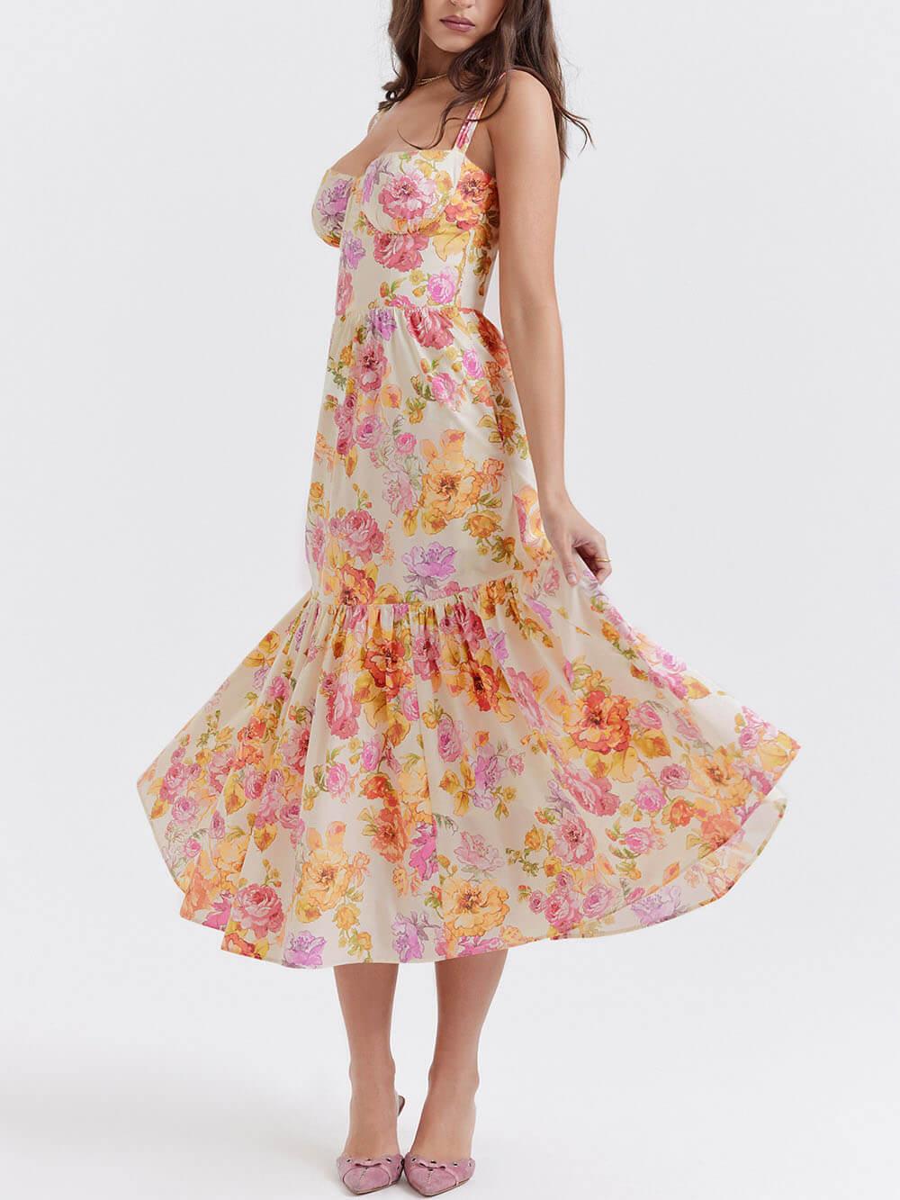 Aurohaya Strap A-Hem Floral Midi Dress