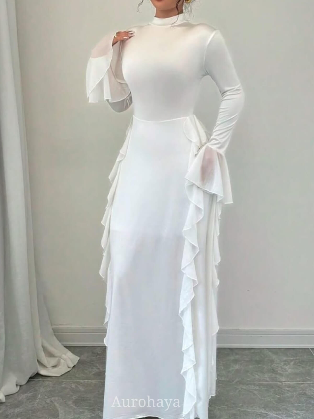 High-Collar Ruffle Splicing Flare-Sleeve Maxi Dress