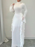 High-Collar Ruffle Splicing Flare-Sleeve Maxi Dress