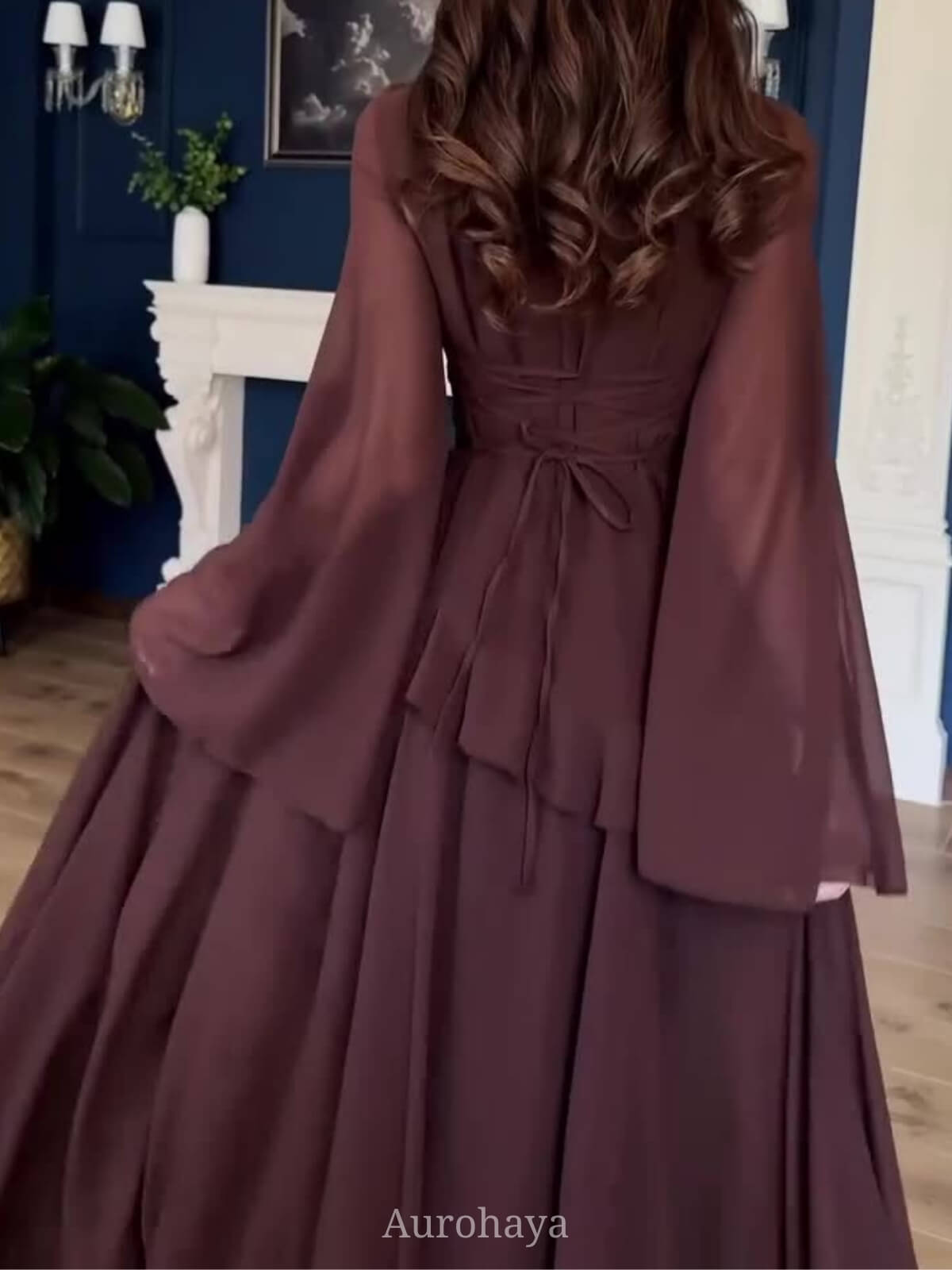 Ruffle Trim Lace-Up Round Neck Long-Sleeve Maxi Dress
