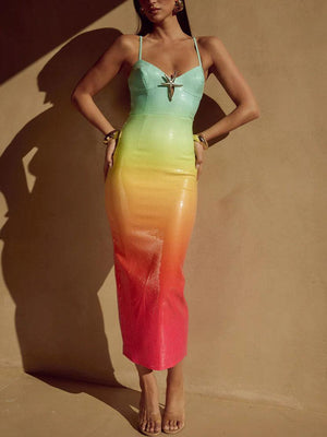 Aurohaya Exquisite Ombre Ocean Sequin Midi Dress