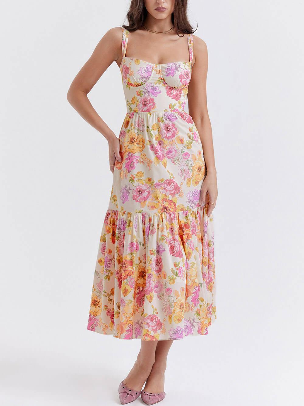 Aurohaya Strap A-Hem Floral Midi Dress