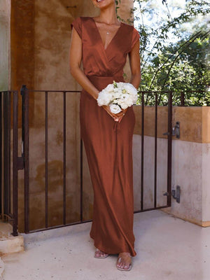 Aurohaya Spring/Summer Satin Solid Color V-Neck Fishtail Party Dress Brown