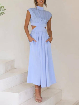 Aurohaya Cutout Waist Pocketed Vacation Midi Dress