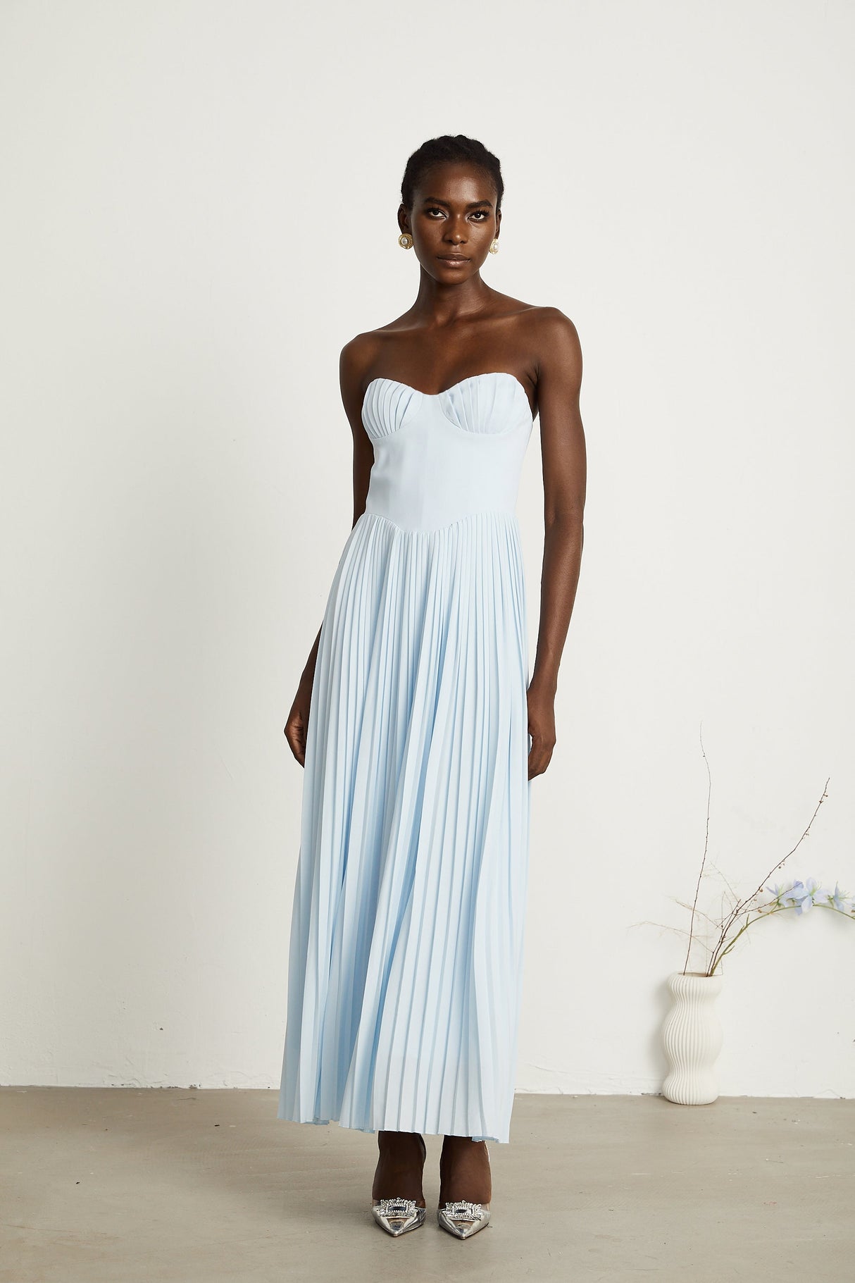 Aurohaya Carlotta blue pleated corset maxi dress