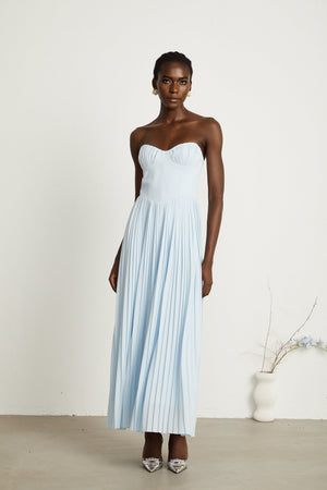 Aurohaya Carlotta blue pleated corset maxi dress